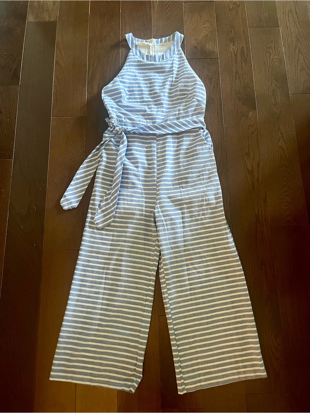 Striped Blue & White Halter Jumpsuit with Waist Tie